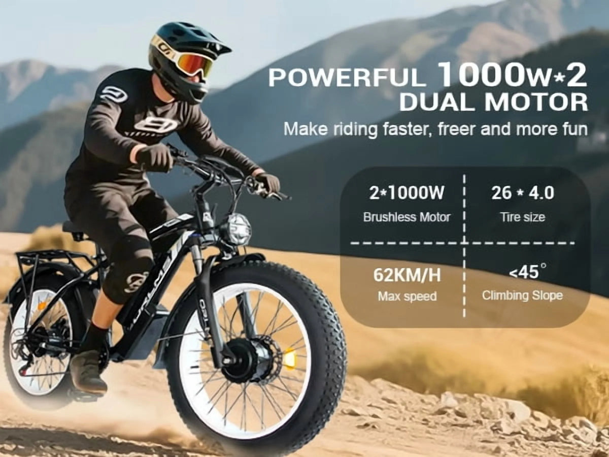Vélo électrique 5000 W (crête) pour adultes, moto électrique avec batterie 60 V 25 Ah, vélo électrique à double moteur 80 km/h, vélo électrique à pneus larges 26 × 4,0, VTT à transmission intégrale et 21 vitesses pour tous les terrains UL 2849