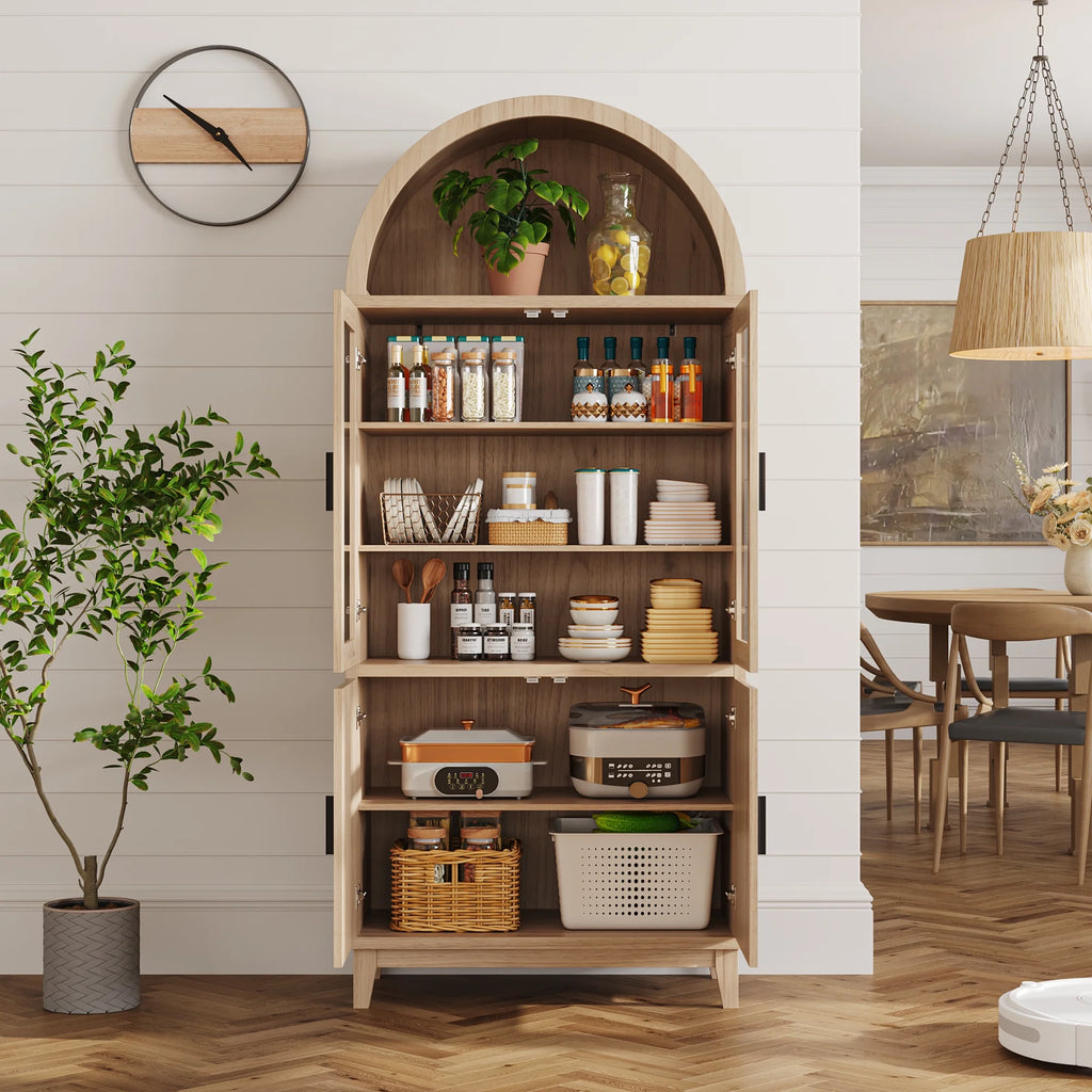 VEANERWOOD 71 Armoire haute cintrée, meuble de rangement de cuisine en bois cannelé avec 4 portes et 6 étagères pour salle à manger et salon