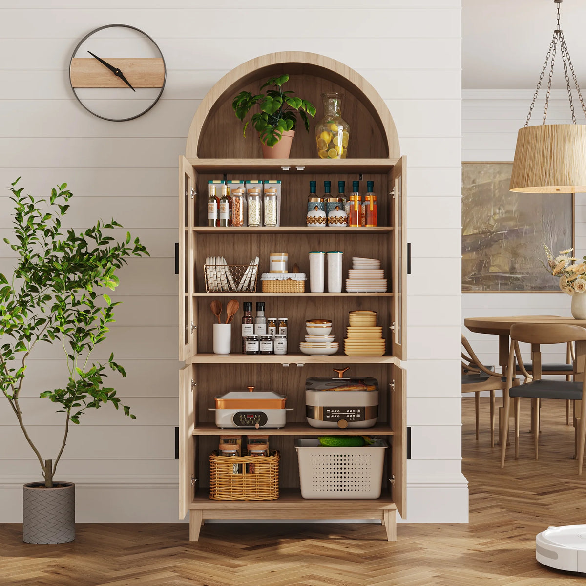 VEANERWOOD 71 Armoire haute cintrée, meuble de rangement de cuisine en bois cannelé avec 4 portes et 6 étagères pour salle à manger et salon