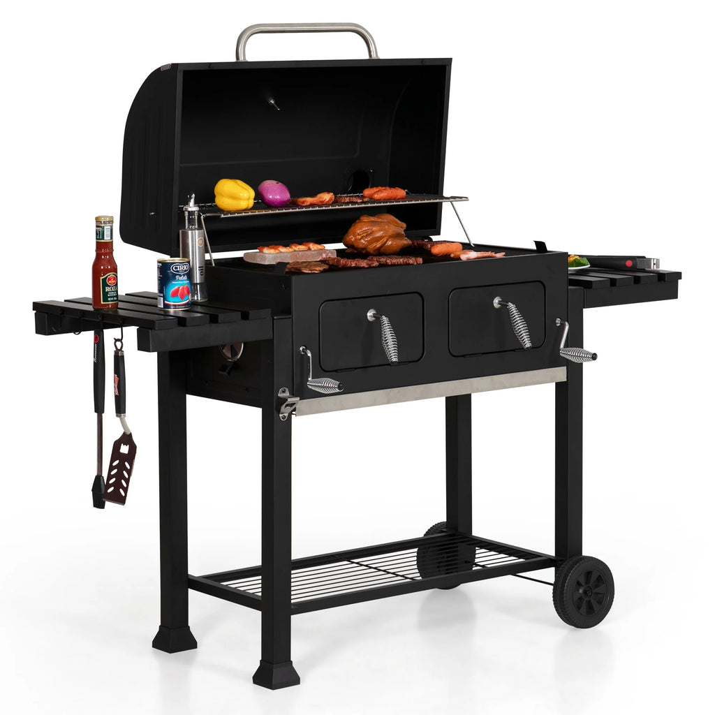 Barbecue à charbon extra large avec surface de cuisson de 794 po², deux plateaux à charbon relevables et tables latérales pliantes