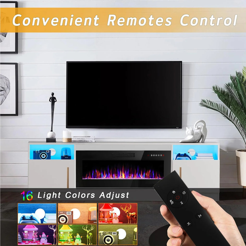 Meuble TV avec cheminée Waleaf avec cheminée électrique de 36 pouces pour téléviseurs jusqu’à 80 pouces, console multimédia moderne en bois avec meuble éclairé, blanc