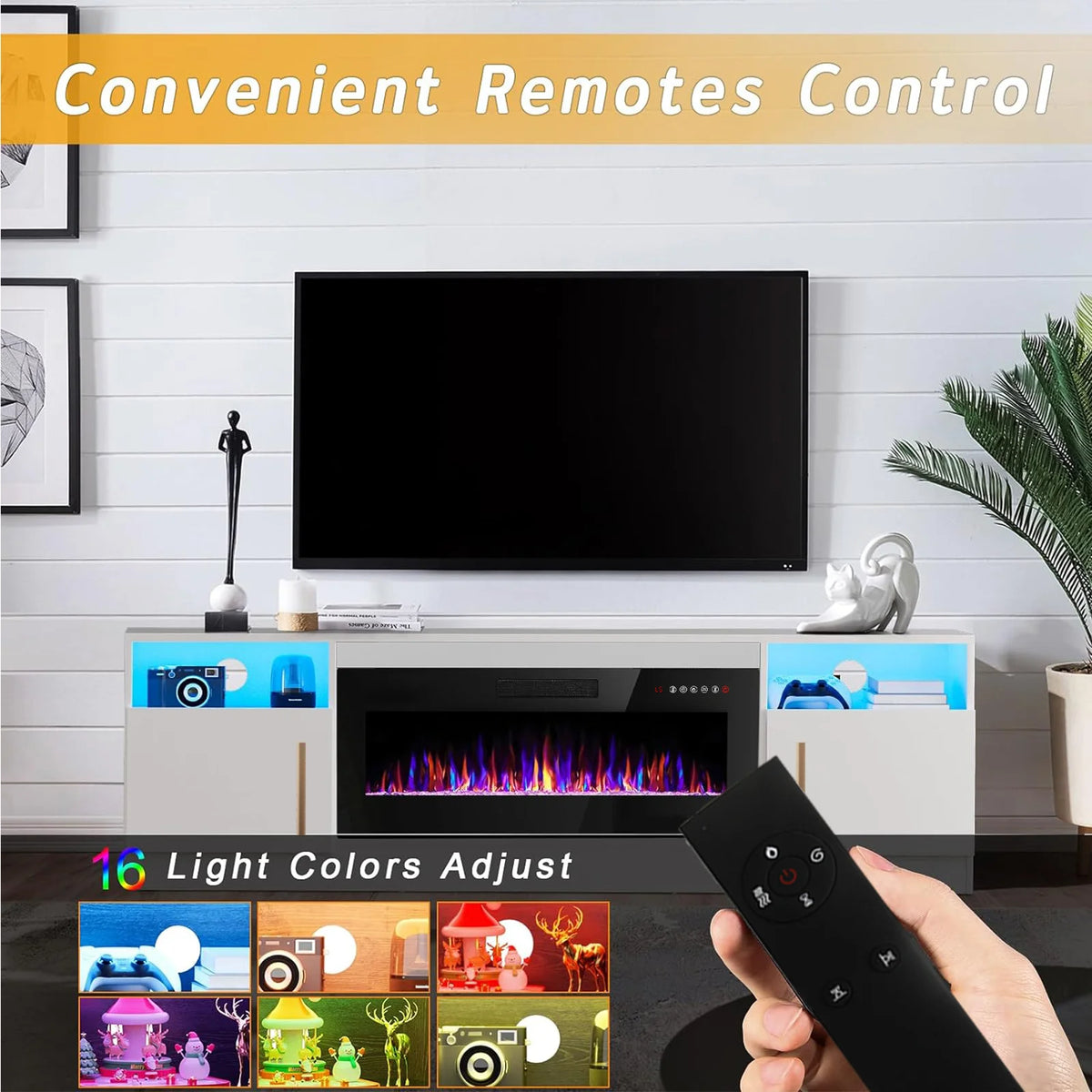 Meuble TV avec cheminée Waleaf avec cheminée électrique de 36 pouces pour téléviseurs jusqu’à 80 pouces, console multimédia moderne en bois avec meuble éclairé, blanc