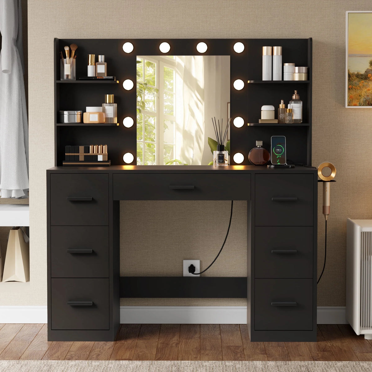 Coiffeuse Lacoo avec miroir et éclairage LED, coiffeuse de maquillage avec 7 tiroirs et 4 étagères, table de toilette avec prise électrique pour chambre ou dressing, blanc