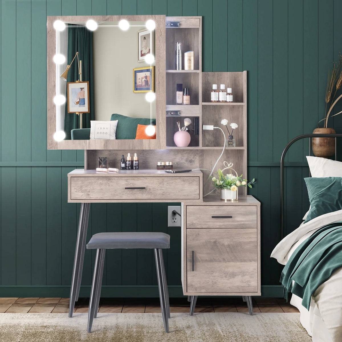 Coiffeuse Ktaxon avec miroir éclairé à 3 couleurs & station de charge, table de maquillage avec 3 étagères de rangement & tiroirs, bureau de toilette avec tabouret, gris rétro