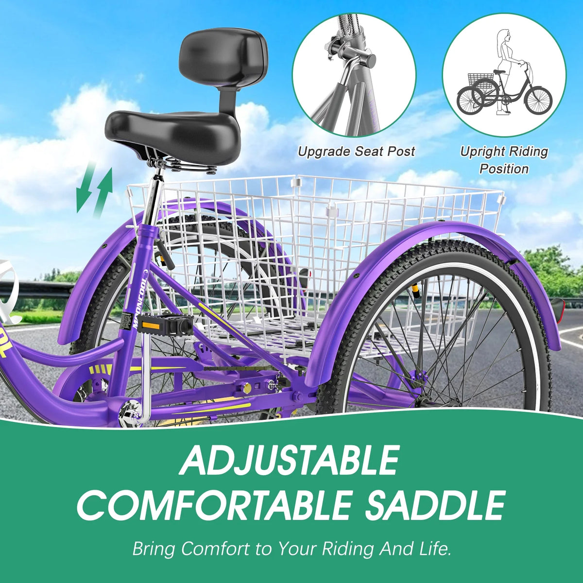 Tricycles pour adultes MOONCOOL avec panier arrière et pompe à pied, vélos à 3 roues 7 vitesses de 24 et 26 pouces, vélo à trois roues pour adultes avec dossier pour seniors, femmes et hommes