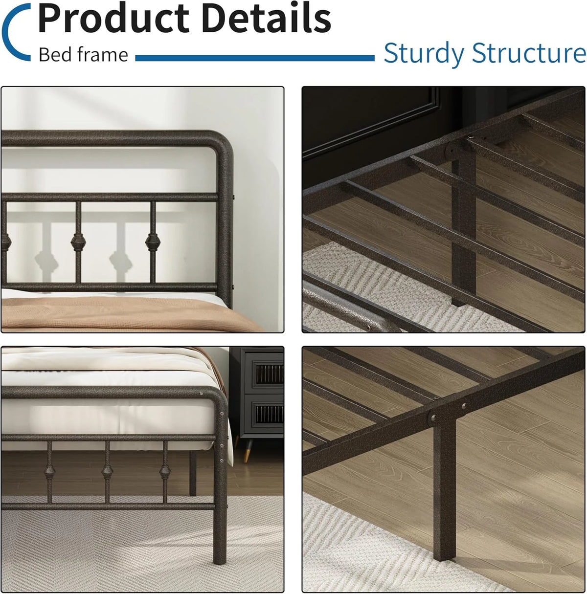Cadre de lit simple XL de 16 pouces avec tête et pied de lit, plateforme classique en métal sans sommier requis, support de matelas robuste en fer artistique de style victorien, rangement sous le lit, marron