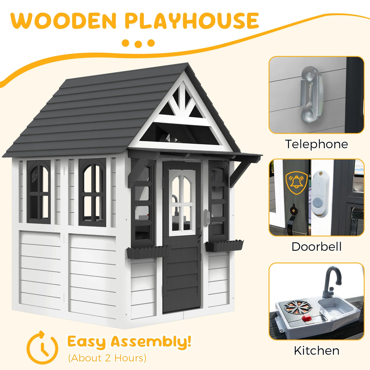 COCLUB Maison de jeu d’extérieur pour enfants de 4 à 8 ans, maison en bois avec sonnette, téléphone et jouets de cuisine, équipement de jeu extérieur pour enfants, maison pour filles (45L x 65H), blanc et noir