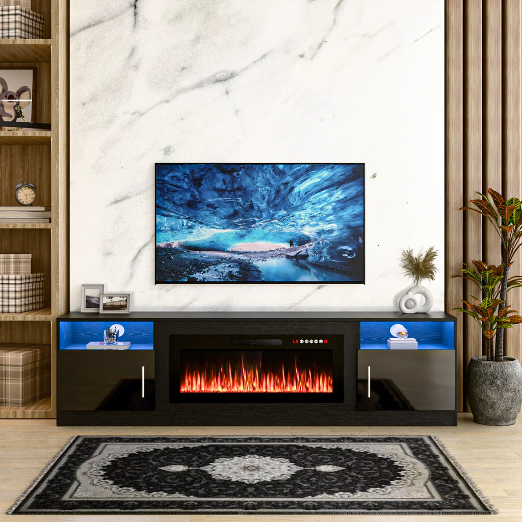 Meuble TV avec cheminée Waleaf avec cheminée électrique de 36 pouces pour téléviseurs jusqu’à 80 pouces, console multimédia moderne en bois avec meuble éclairé, blanc