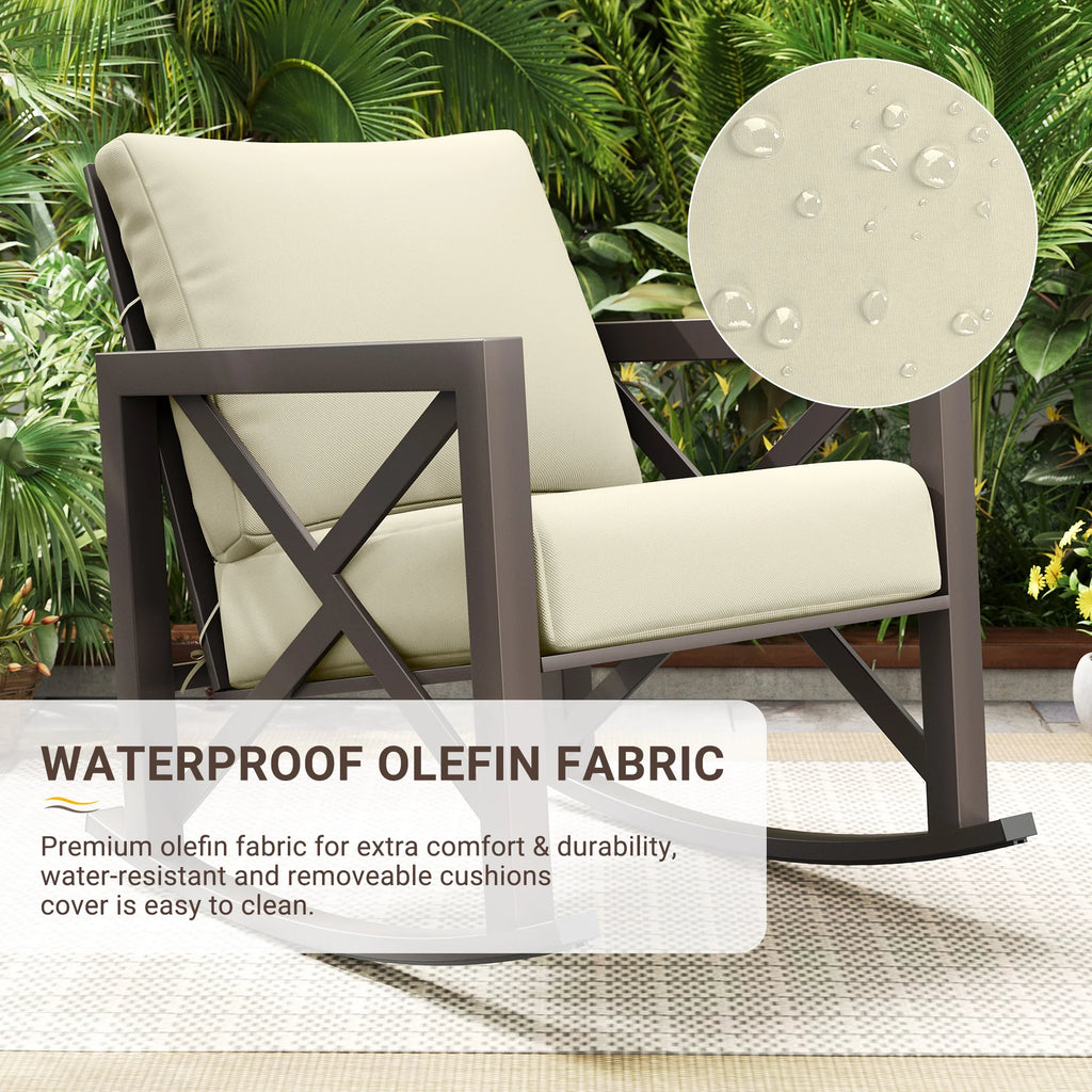 Ensemble de bistrot MRUAKA avec chaises à bascule, ensemble de mobilier de patio extérieur 3 pièces avec 2 chaises à bascule et 1 table basse en métal avec coussins épais pour porche, cour arrière, bord de piscine, beige