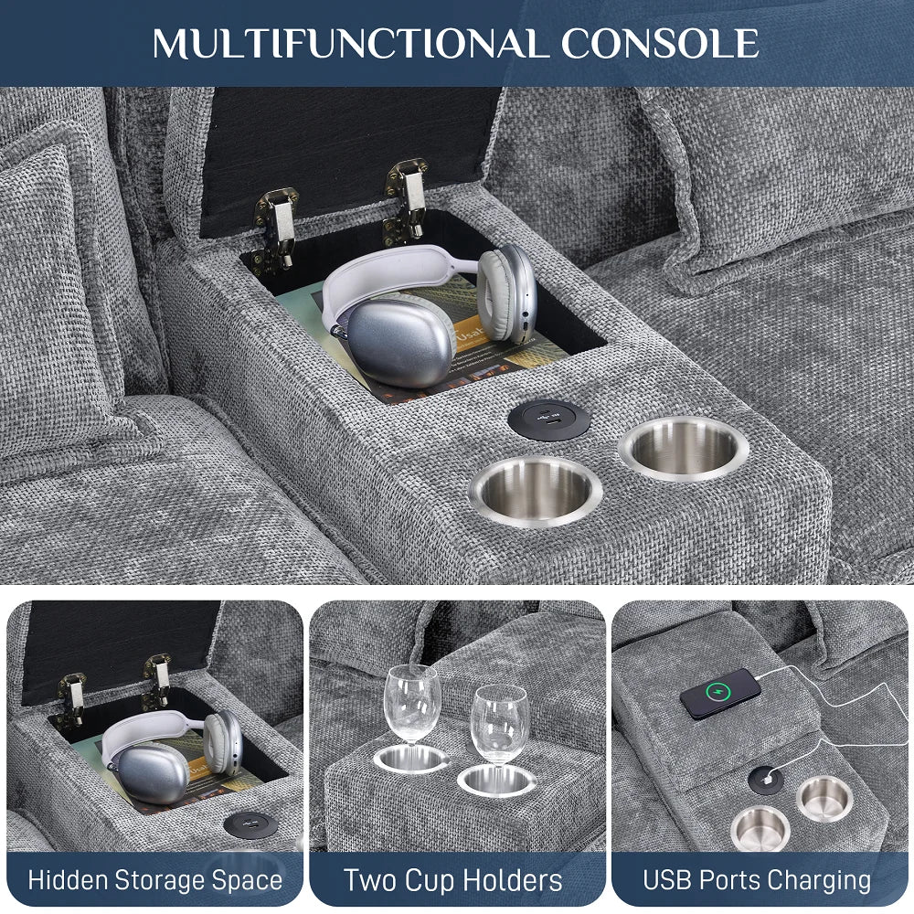 Canapé modulable en U Wiilayok Cloud Couch, méridienne double extra profonde de 124 cm en chenille duveteuse, console centrale avec ports USB-C et A doubles, gris tempête