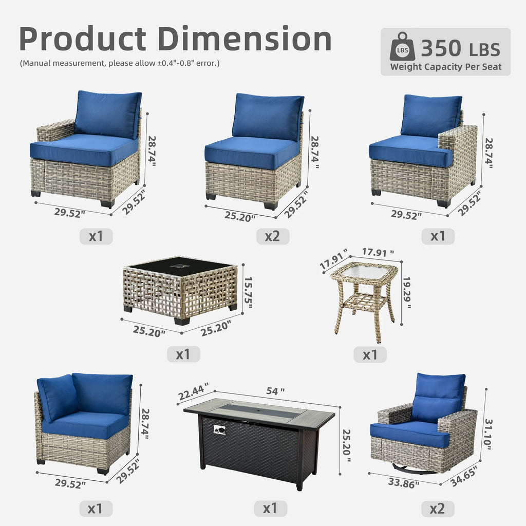Ovios Salon de jardin modulable moderne en résine tressée toutes saisons à dossier haut, 10 pièces, avec table brasero au propane et fauteuil pivotant, gris foncé