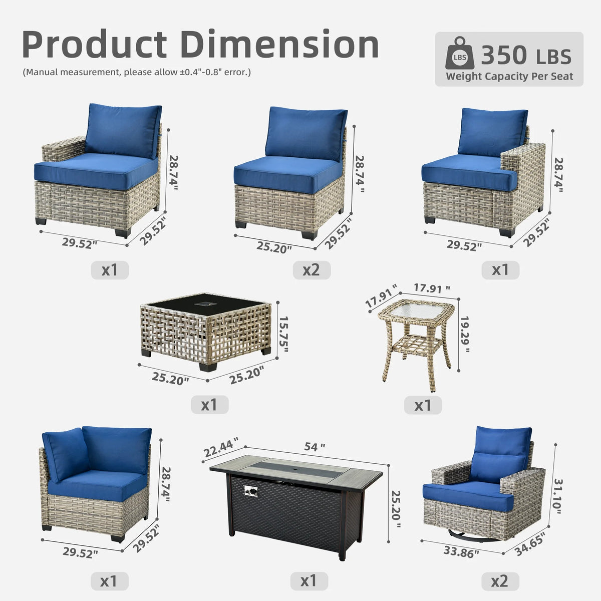 Ovios Salon de jardin modulable moderne en résine tressée toutes saisons à dossier haut, 10 pièces, avec table brasero au propane et fauteuil pivotant, gris foncé