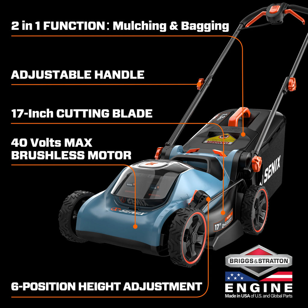 Tondeuse à gazon sans fil SENIX 40V à moteur sans balais, plateau de 18 po, lame de coupe de 17 po, fonction 2-en-1 broyage et ramassage, réglage en 6 positions, LPPX2-M5