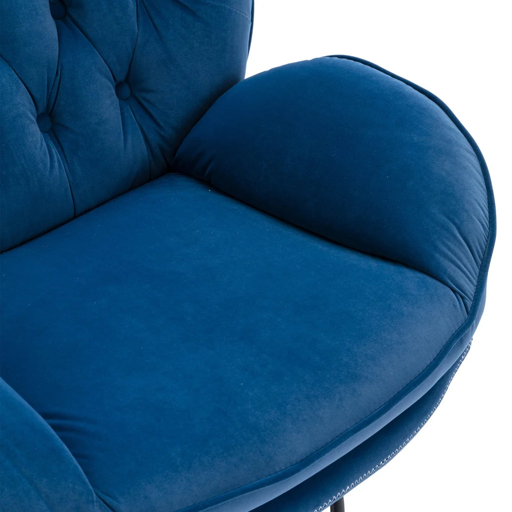 Fauteuil d'appoint pivotant en velours avec pouf, fauteuil méridienne moderne avec structure en métal et repose-pieds, fauteuil confortable pour la lecture, salon, chambre, bureau, bleu