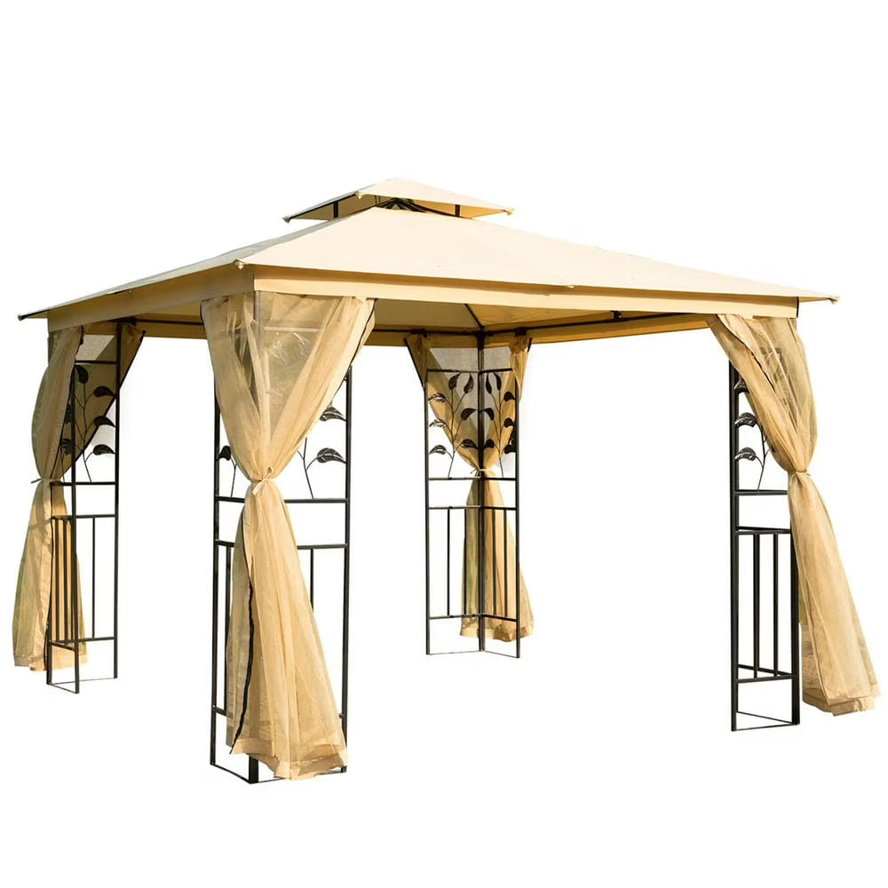 GVN Pergola de jardin pour terrasse, Auvent de pergola, Abri de jardin extérieur avec double toit de 10' x 10' et filet, Beige