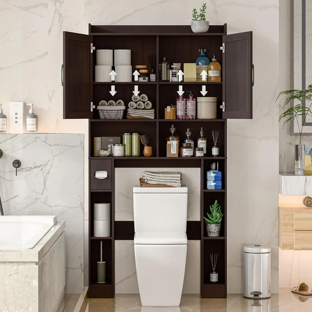 Meuble de rangement Vabches au-dessus des toilettes avec porte-papier toilette, avec étagère réglable et 2 portes