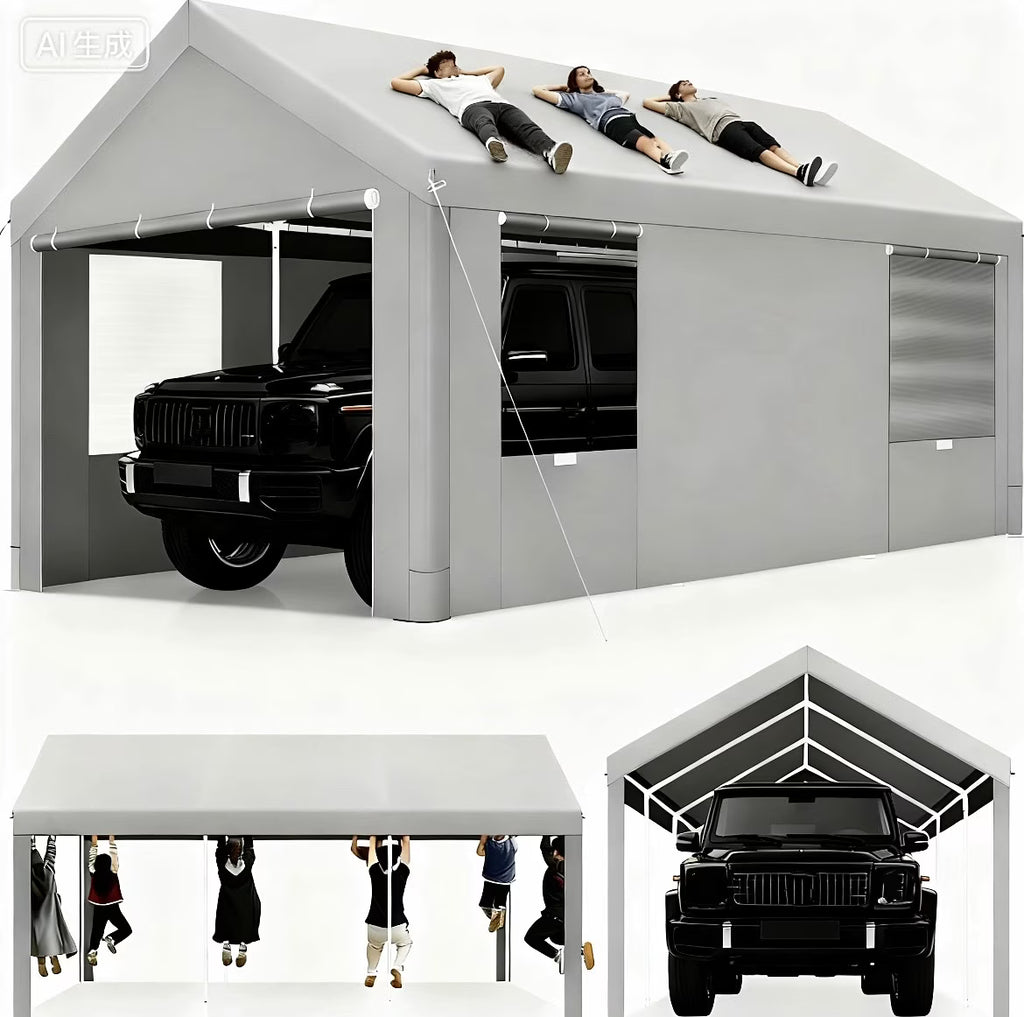 COBIZI Carport 10'x20' Grande tente pour voiture robuste avec structure en acier thermolaqué, garage portable avec parois latérales et portes amovibles, auvent pour voiture avec bâche toutes saisons pour fête en plein air, anniversaire, gris