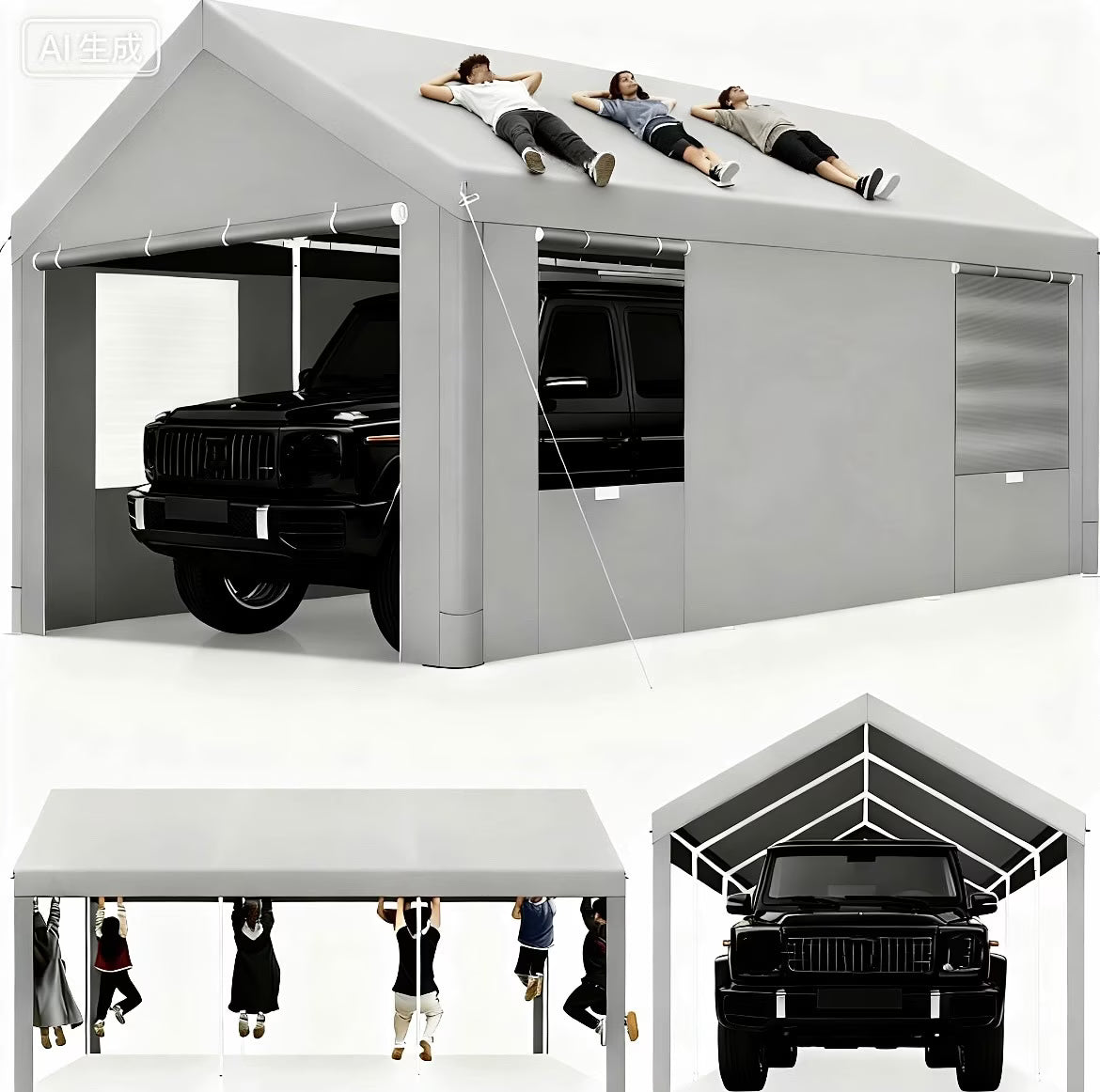 COBIZI Carport 10'x20' Grande tente pour voiture robuste avec structure en acier thermolaqué, garage portable avec parois latérales et portes amovibles, auvent pour voiture avec bâche toutes saisons pour fête en plein air, anniversaire, gris