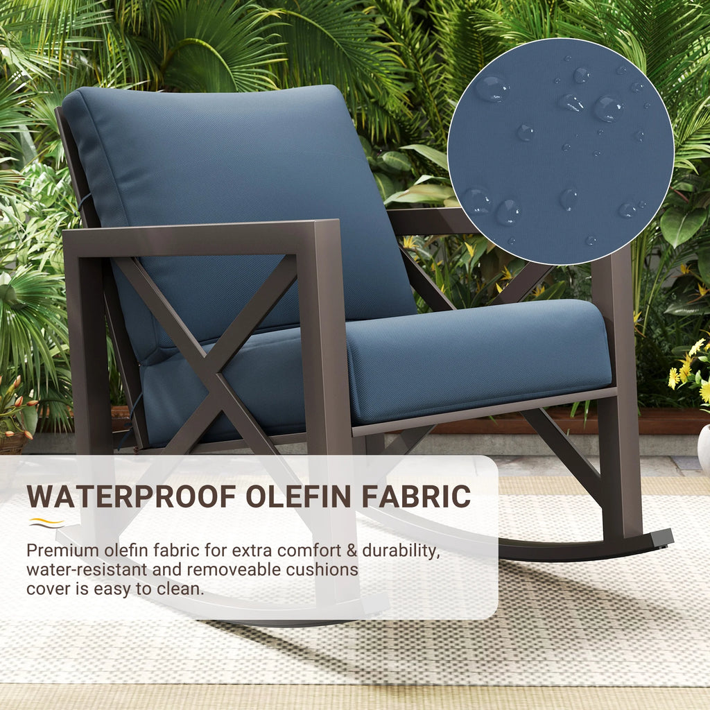 Ensemble de bistrot MRUAKA avec chaises à bascule, ensemble de mobilier de patio extérieur 3 pièces avec 2 chaises à bascule et 1 table basse en métal avec coussins épais pour porche, cour arrière, bord de piscine, beige