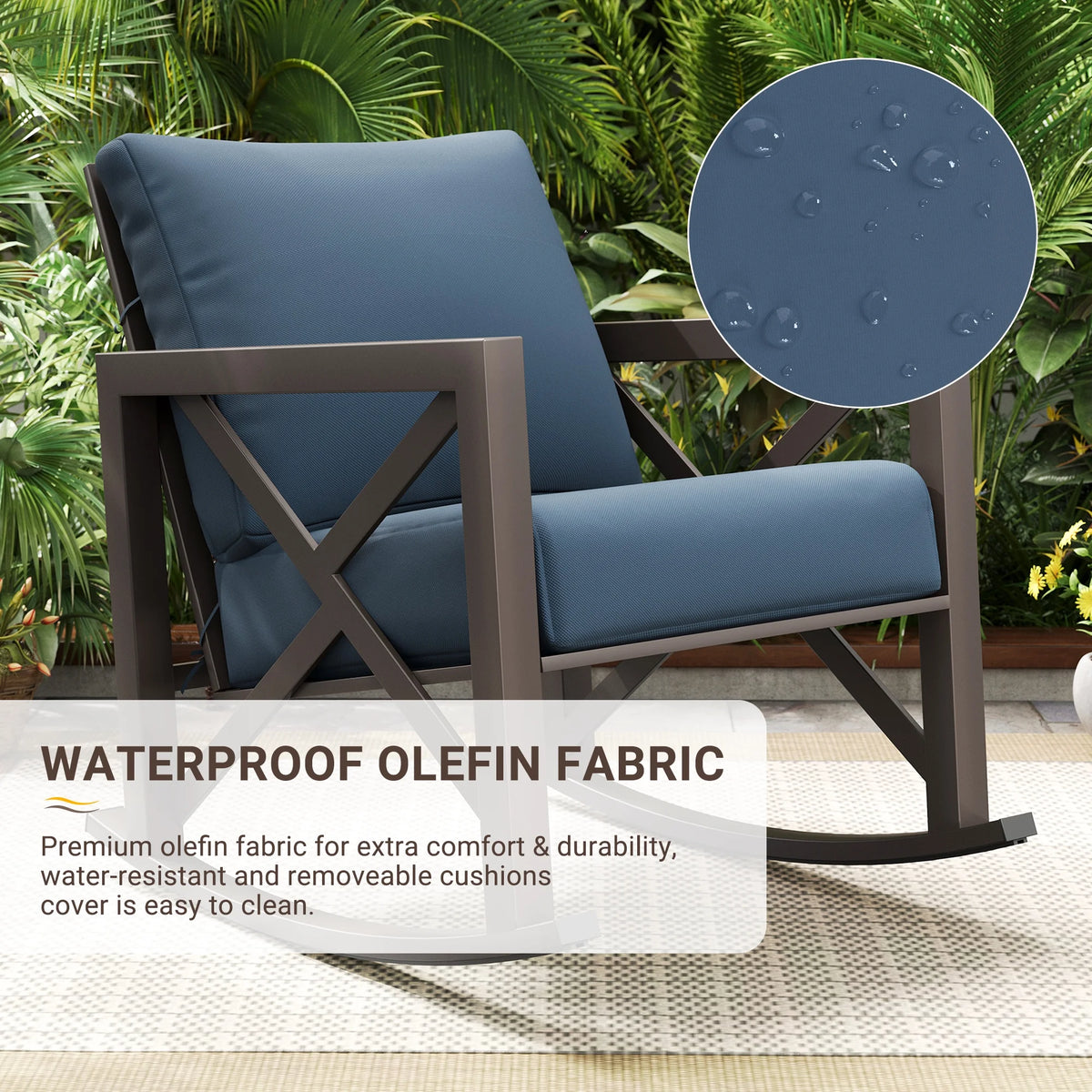 Ensemble de bistrot MRUAKA avec chaises à bascule, ensemble de mobilier de patio extérieur 3 pièces avec 2 chaises à bascule et 1 table basse en métal avec coussins épais pour porche, cour arrière, bord de piscine, beige