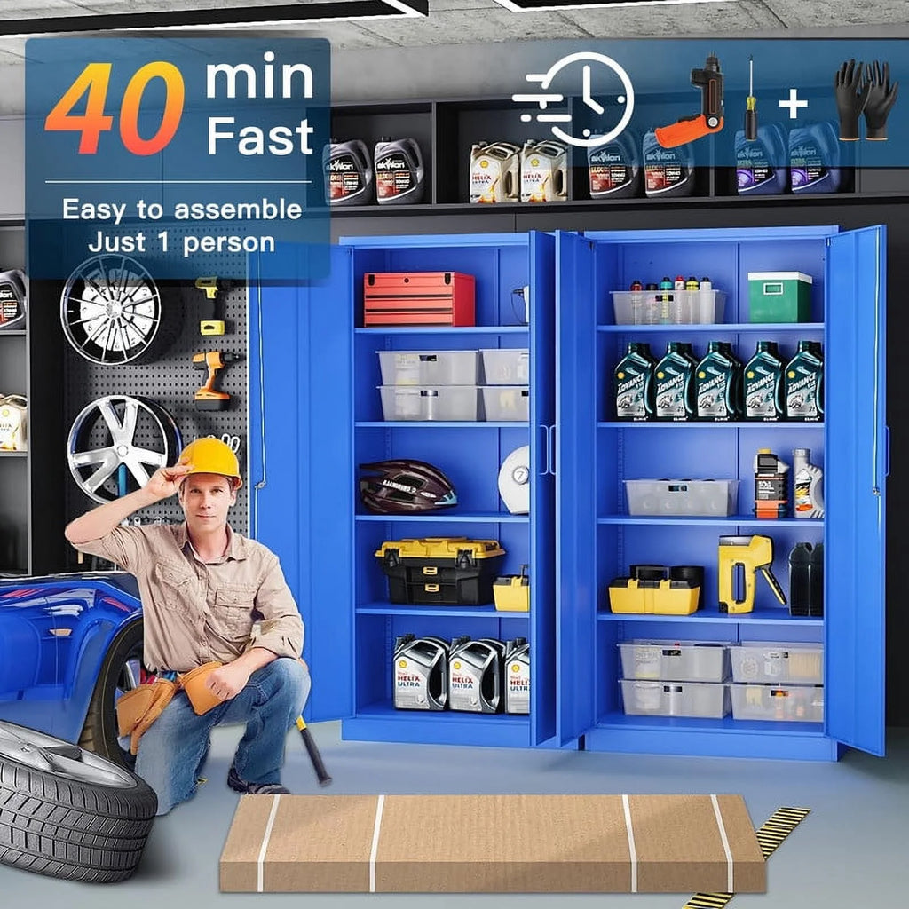 Armoire de rangement en métal Fesbos pour garage avec 2 portes et 4 étagères réglables - Classeur en acier verrouillable de 71, armoire à outils verrouillable pour bureau, maison, garage, salle de sport (Bleu)