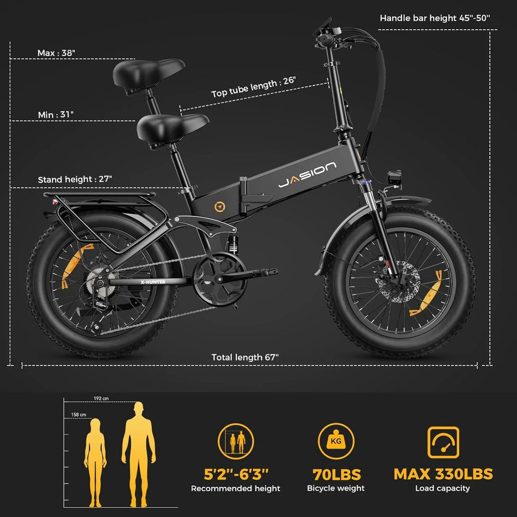 Vélo électrique Jasion X-Hunter pour adultes, vélo électrique avec moteur de 750 W et batterie amovible 48 V 13 Ah, vélo électrique pliant avec pneus larges 20 x 4,0, suspension intégrale, 7 vitesses