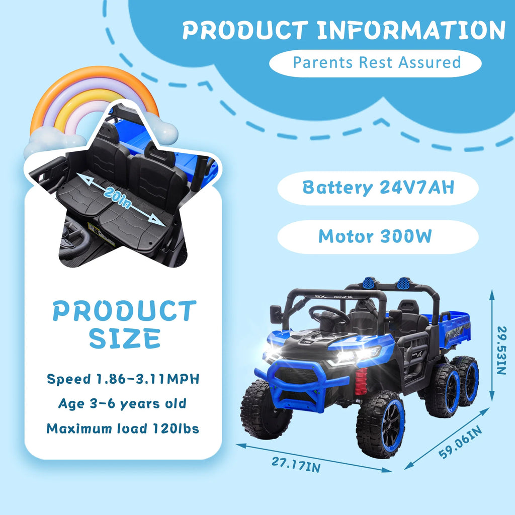 Xuanlur Voiture électrique pour enfants 24V 2 places, UTV avec moteur 2x200W, Jouet électrique 24 volts avec benne/pelle, Voiture électrique pour enfants avec pneus résistants, lumière LED, musique, télécommande, noire