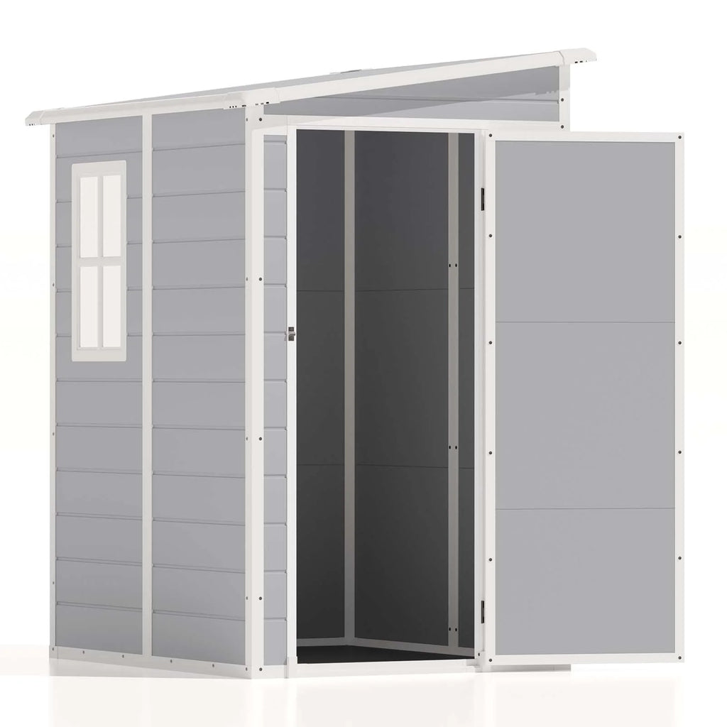 Abri de rangement extérieur Patiowell 5x4 pi, Abri de rangement en résine avec plancher, fenêtre et porte verrouillable pour meubles de patio, outils de jardin et vélo, Blanc
