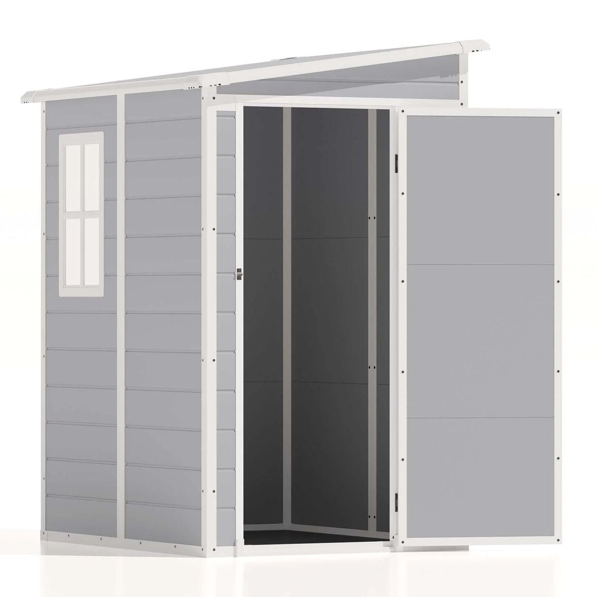 Abri de rangement extérieur Patiowell 5x4 pi, Abri de rangement en résine avec plancher, fenêtre et porte verrouillable pour meubles de patio, outils de jardin et vélo, Blanc