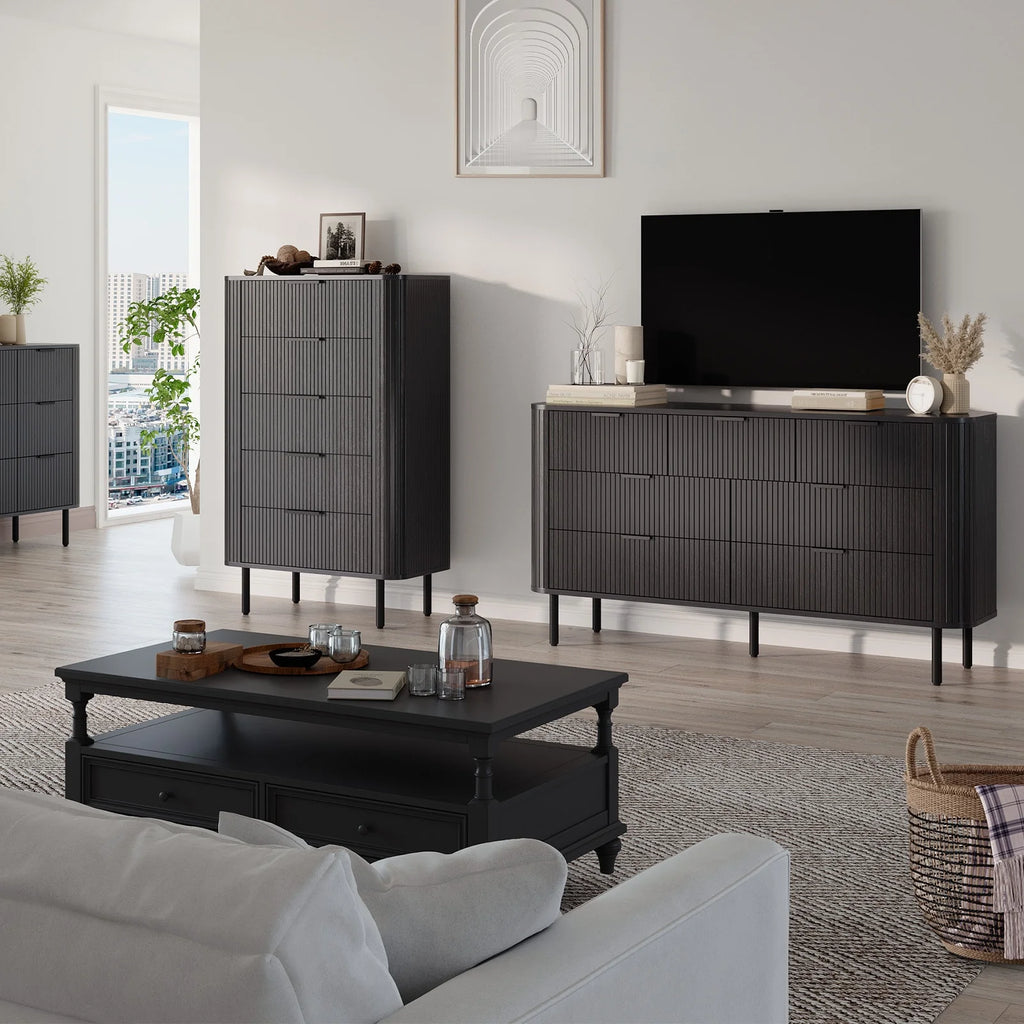 Commode cannelée à 7 tiroirs pour chambre, largeur 60 pouces, moderne, en bois, avec poignées en métal, design aux lignes courbes – Idéale également comme meuble TV pour salon ou couloir, noir