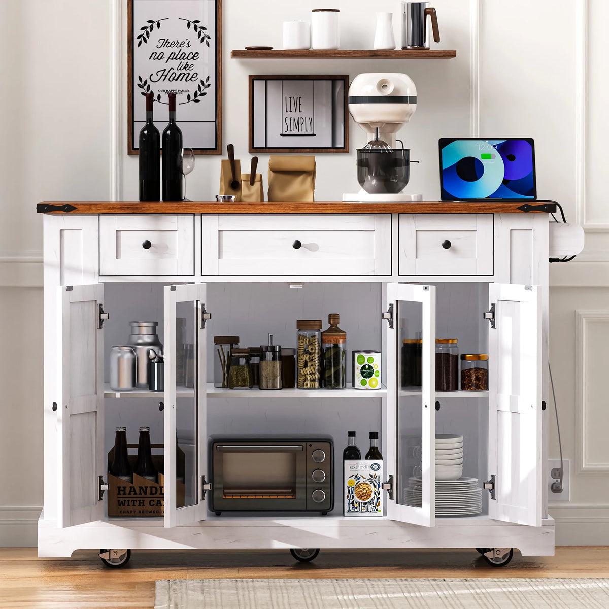 Euroco Îlot de cuisine style ferme de 53'' avec deux portes de placard en verre trempéDesserte de cuisine roulante sur roulettes