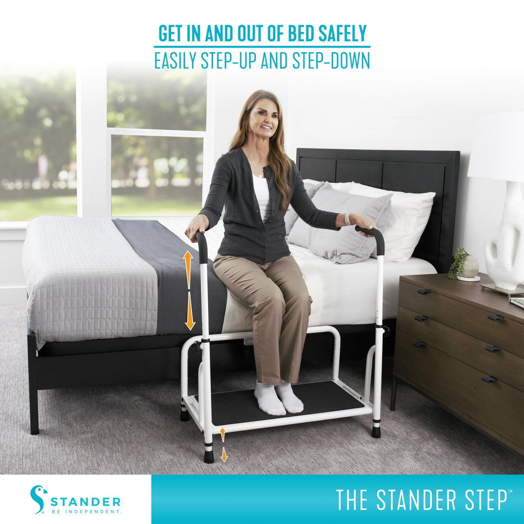 Marchepied Stander, marchepied de lit avec rampes d'appui réglables pour personnes âgées, marchepied extra large robuste, marchepied avec barres d'appui et lumière à détection de mouvement, blanc