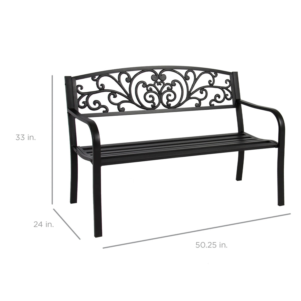 Best Choice Products Banc en Acier d'Extérieur Jardin Patio Porche Meuble avec Dossier à Motif Floral - Noir