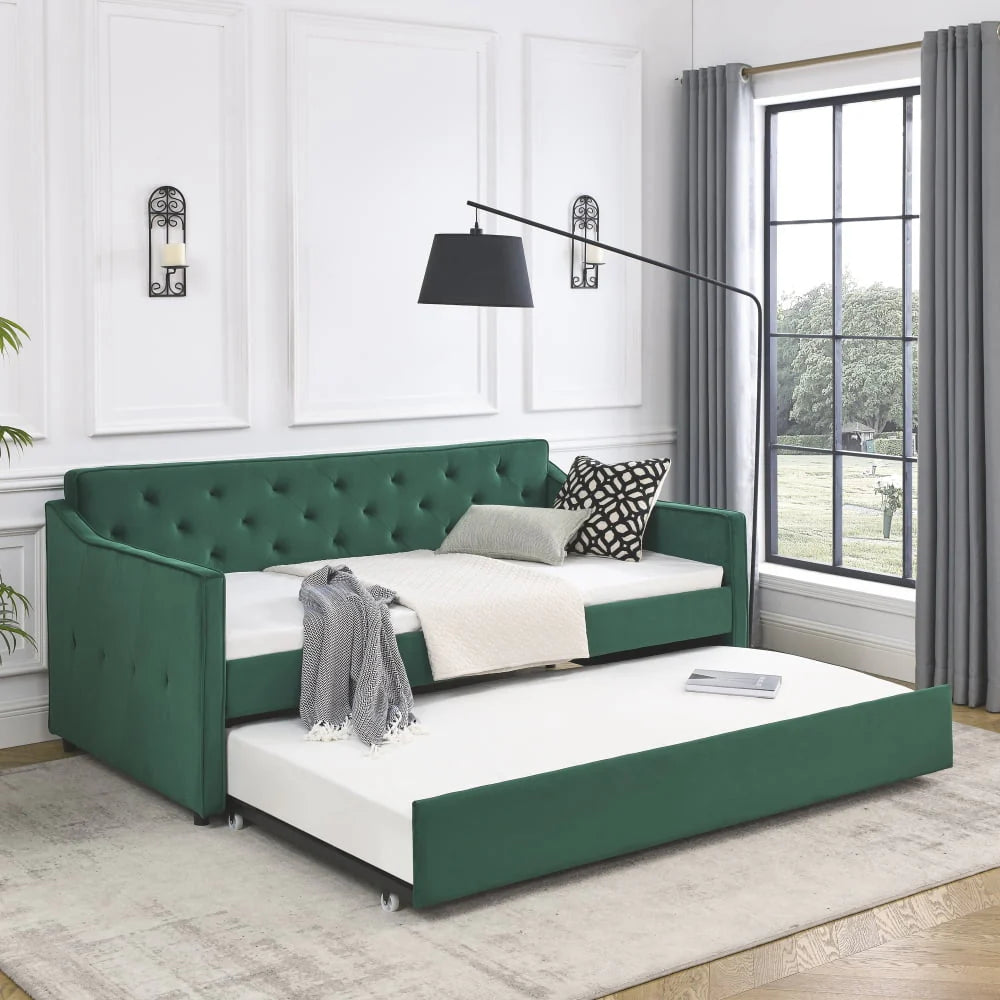 Lit de repos 1 place avec lit gigogne, cadre de lit moderne capitonné à boutons et rembourré en lin, avec lit gigogne coulissant, meuble de chambre à coucher, salon ou chambre d’amis, vert