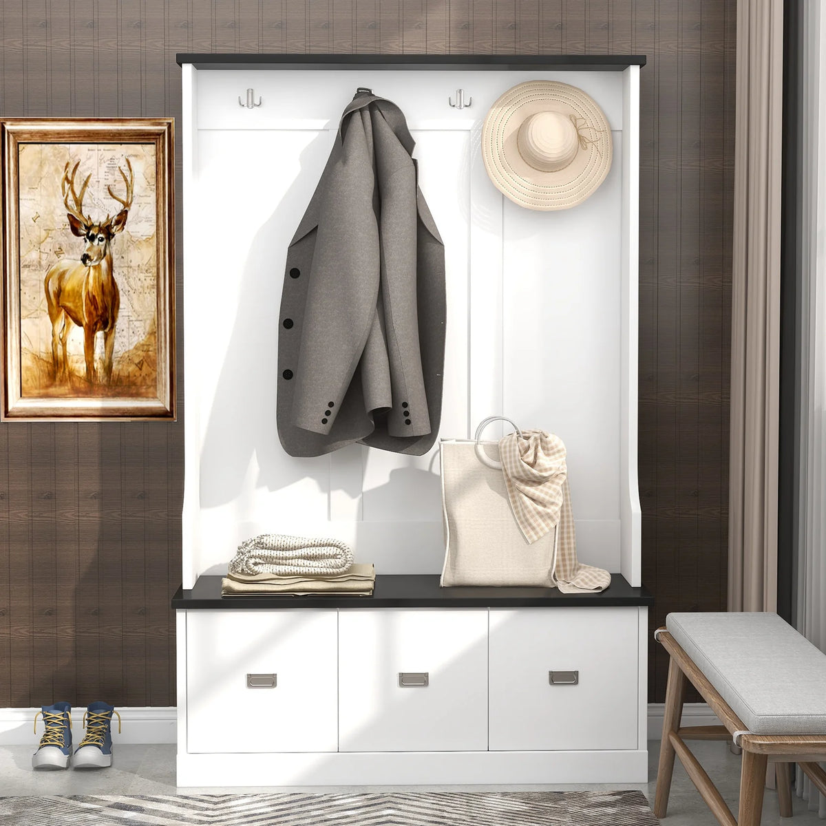 Vestiaire d’entrée avec banc rembourré et patères, banc d’entrée avec 3 crochets, 3 étagères ouvertes, 2 tiroirs et placards de rangement, banc de vestibule avec rangements et crochets pour entrée, vestibule ou couloir (beige)