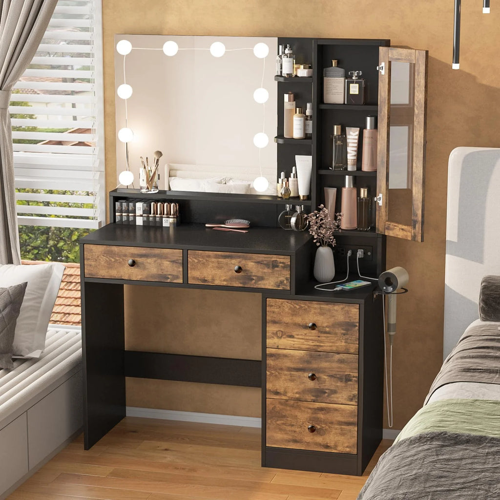 Coiffeuse VEANERWOOD avec miroir éclairé et bloc multiprise, table de maquillage moderne avec 5 tiroirs, blanc
