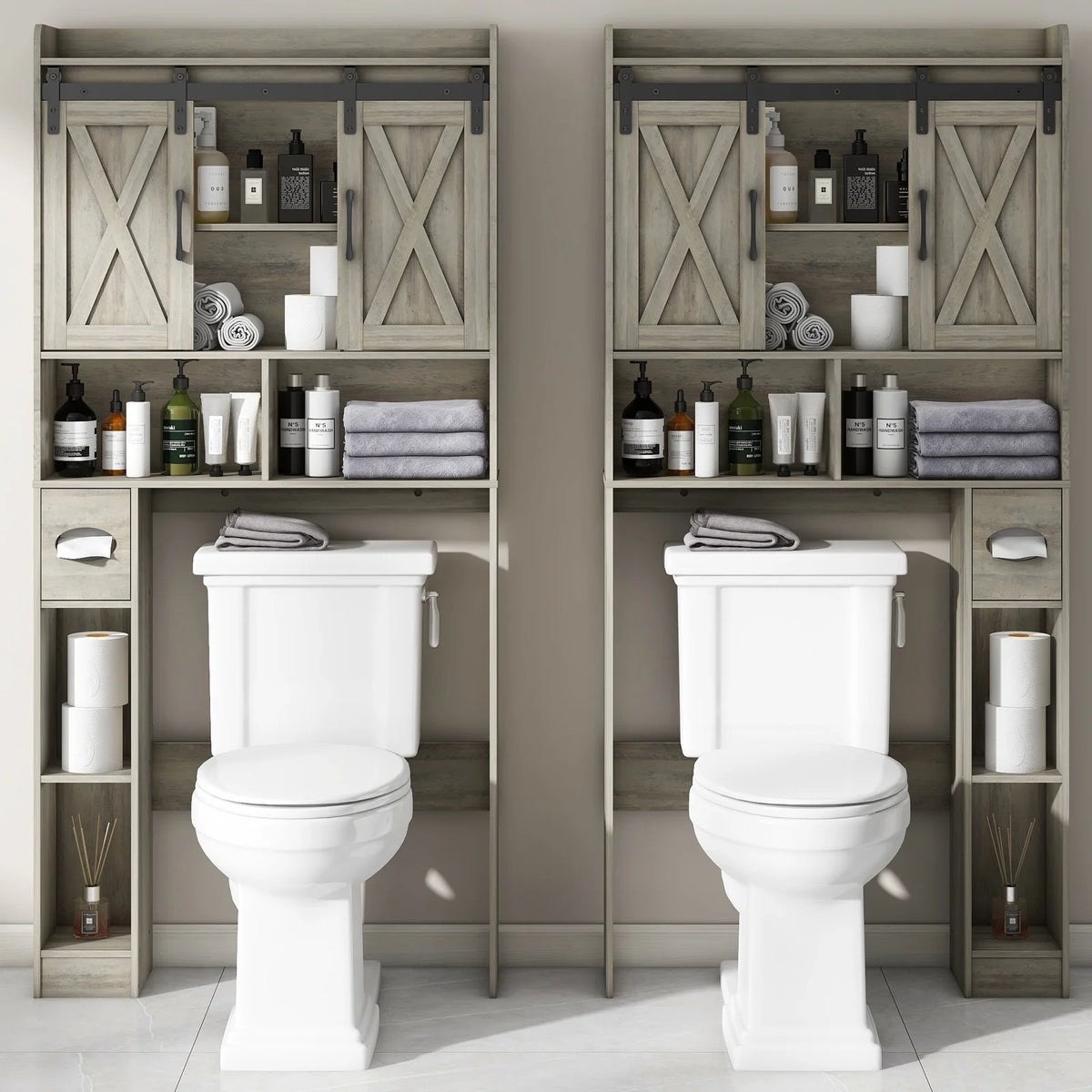 Meuble de rangement au-dessus des toilettes, meuble de rangement de style maisonnette au-dessus des toilettes avec portes coulissantesÉtagère de rangement gain de place pour toilettes, pour salle de bains, toilettes, buanderie