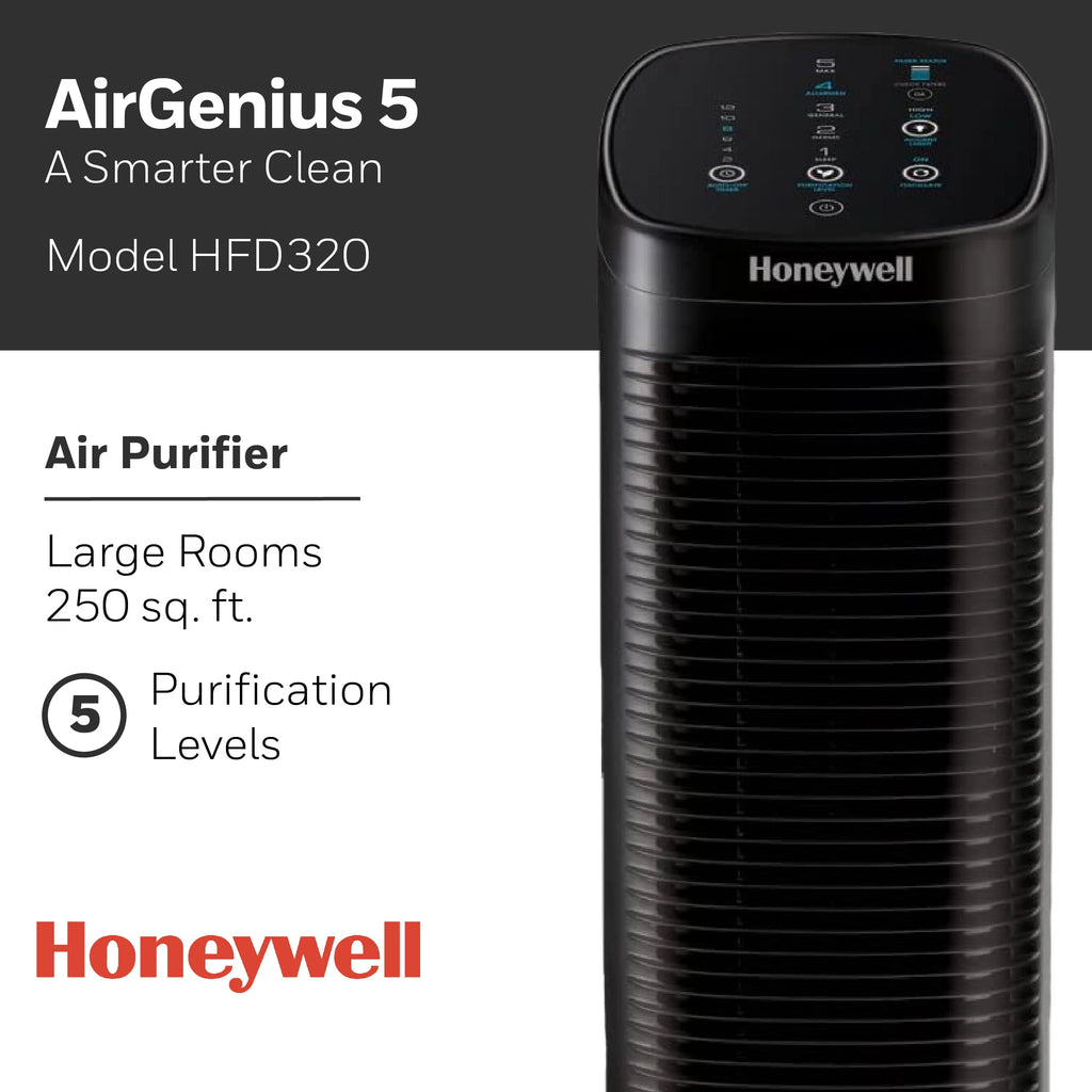 Purificateur d’air Honeywell Air Genius 5 avec filtre lavable, pour grandes pièces de 250 pi², noir, HFD320