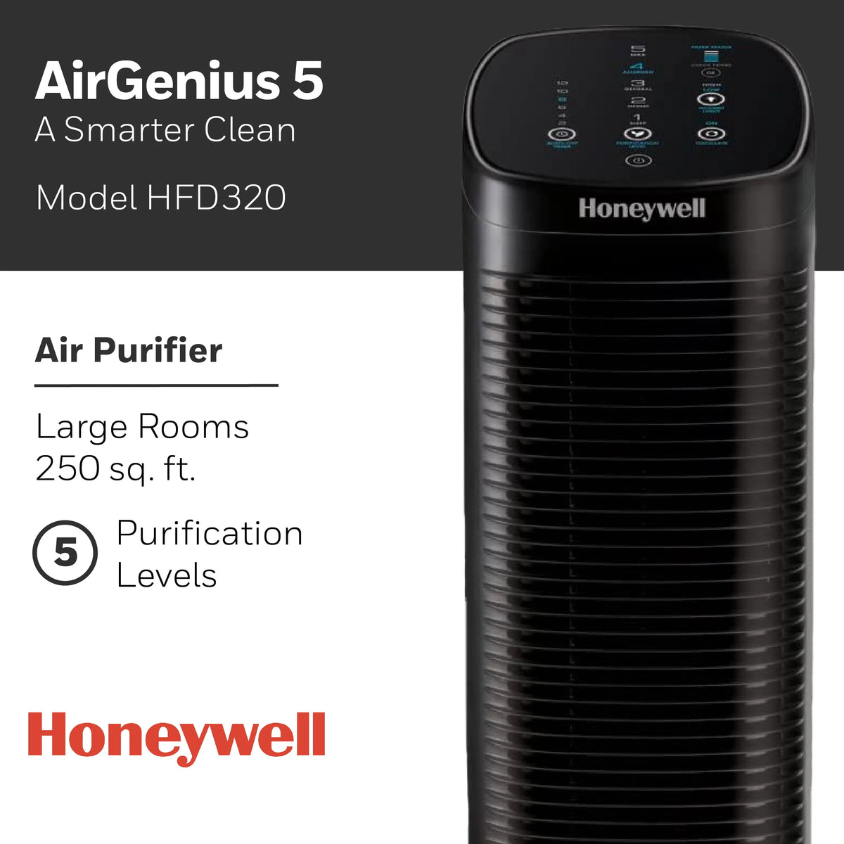 Purificateur d’air Honeywell Air Genius 5 avec filtre lavable, pour grandes pièces de 250 pi², noir, HFD320