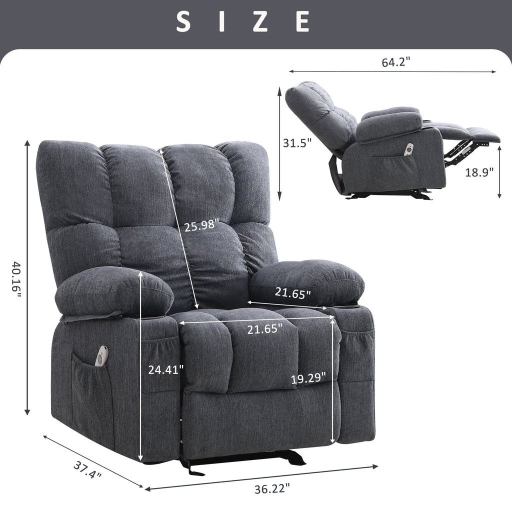 Fauteuil inclinable manuel JONPONY avec fonction de massage et de chauffage, mécanisme d’inclinaison robuste, fauteuil à bascule individuel pour personnes âgées avec porte-gobelets, pour chambre et salle de cinéma maison, gris