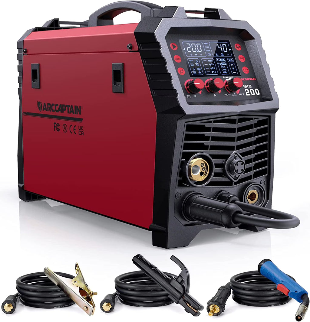 Poste à souder MIG 6 en 1 ARCCAPTAIN, Soudeuse à gaz 200A avec fonctions MIG à fil fourré/Arc/TIG à la main levée/Soudage par points/Pistolet sur bobine