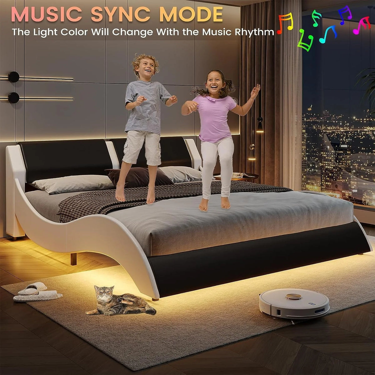 Cadre de lit Queen Size avec éclairage LED,Cadre de lit plateforme moderne avec tête de lit rembourrée,Cadre de lit bas en similicuir effet ondulé,Aucun sommier requis,Noir