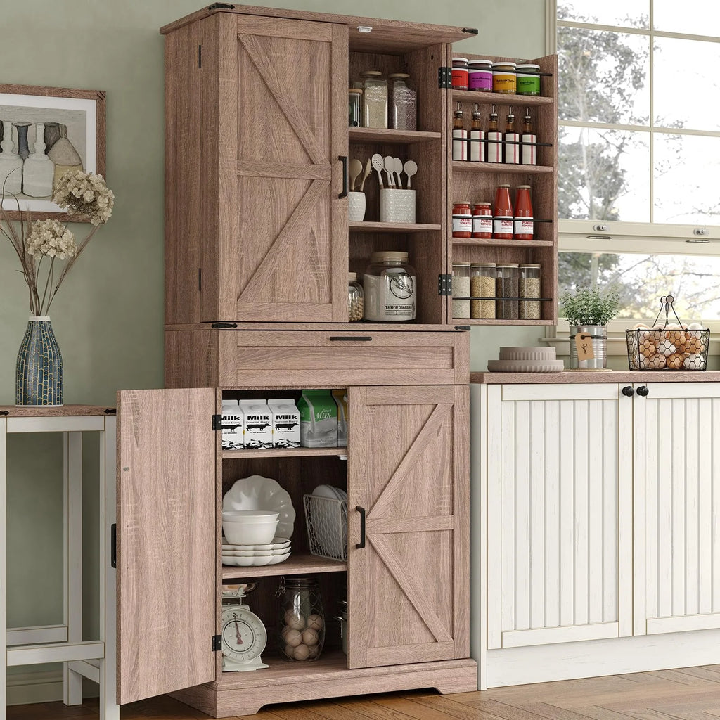 FUSOU Armoire de rangement de cuisine 72'', Armoire haute avec 8 étagères de porte, 2 placards et 1 tiroir, Meuble autoportant pour cuisine, salle à manger, salle de bain, buanderie