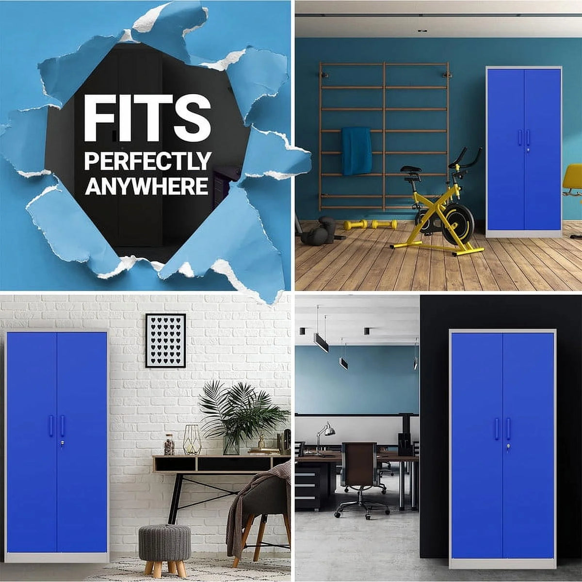 Armoire de rangement en métal Fesbos pour garage avec 2 portes et 4 étagères réglables - Classeur en acier verrouillable de 71, armoire à outils verrouillable pour bureau, maison, garage, salle de sport (Bleu)