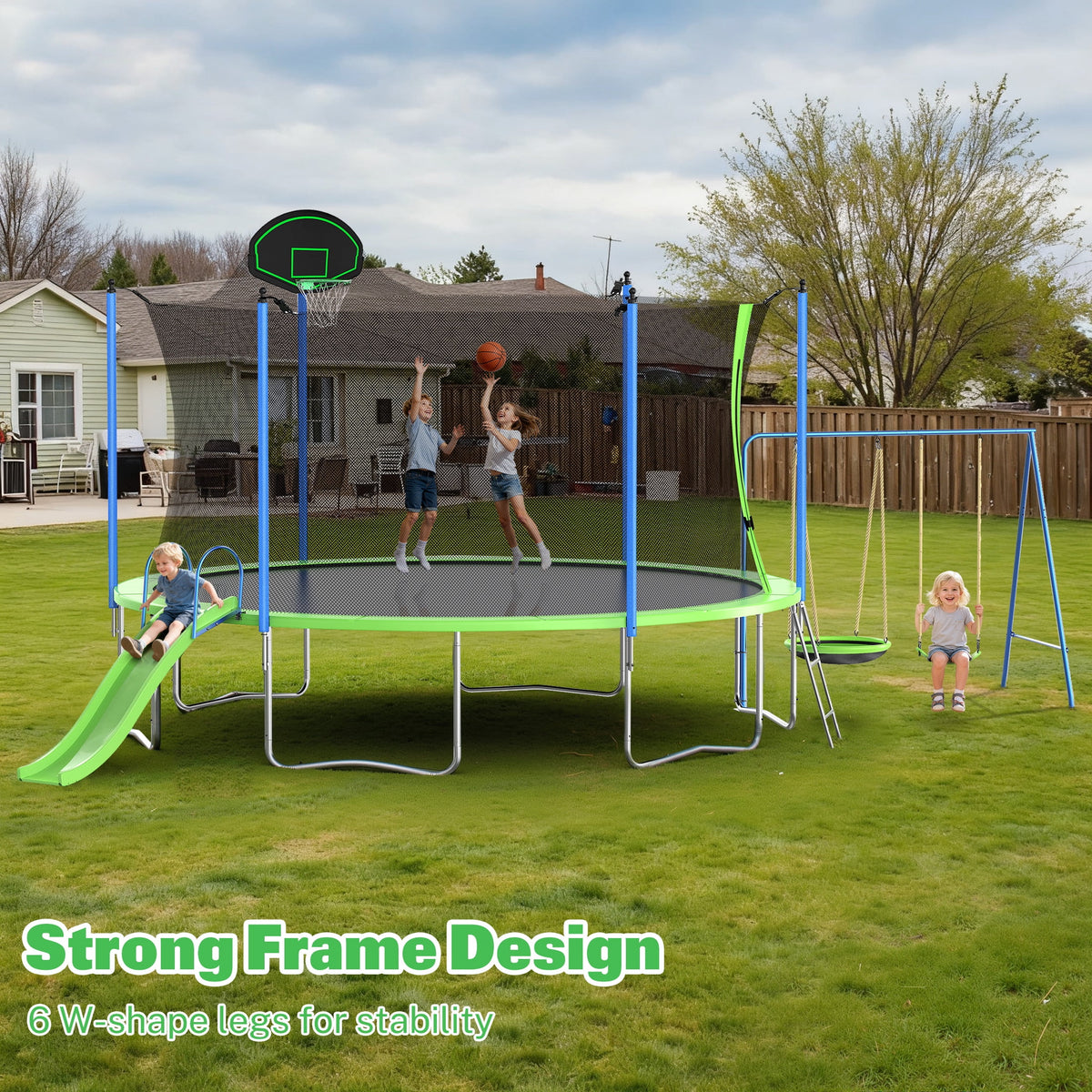 Trampoline de 12 pieds avec toboggan, balançoires, trampoline récréatif SEGMART avec panier de basket et échelle, trampoline d’extérieur robuste pour jardin avec filet pour enfants et adultes, vert