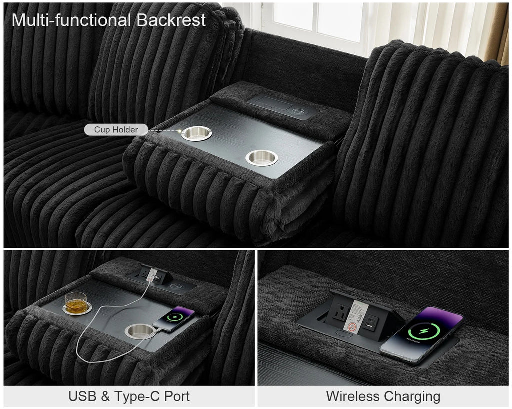 Canapé d’angle inclinable électrique avec chargeur sans fil, 6 places en fausse fourrure avec fauteuils inclinables, porte-gobelets dissimulés, console de rangement, ports USB et Type-C, noir