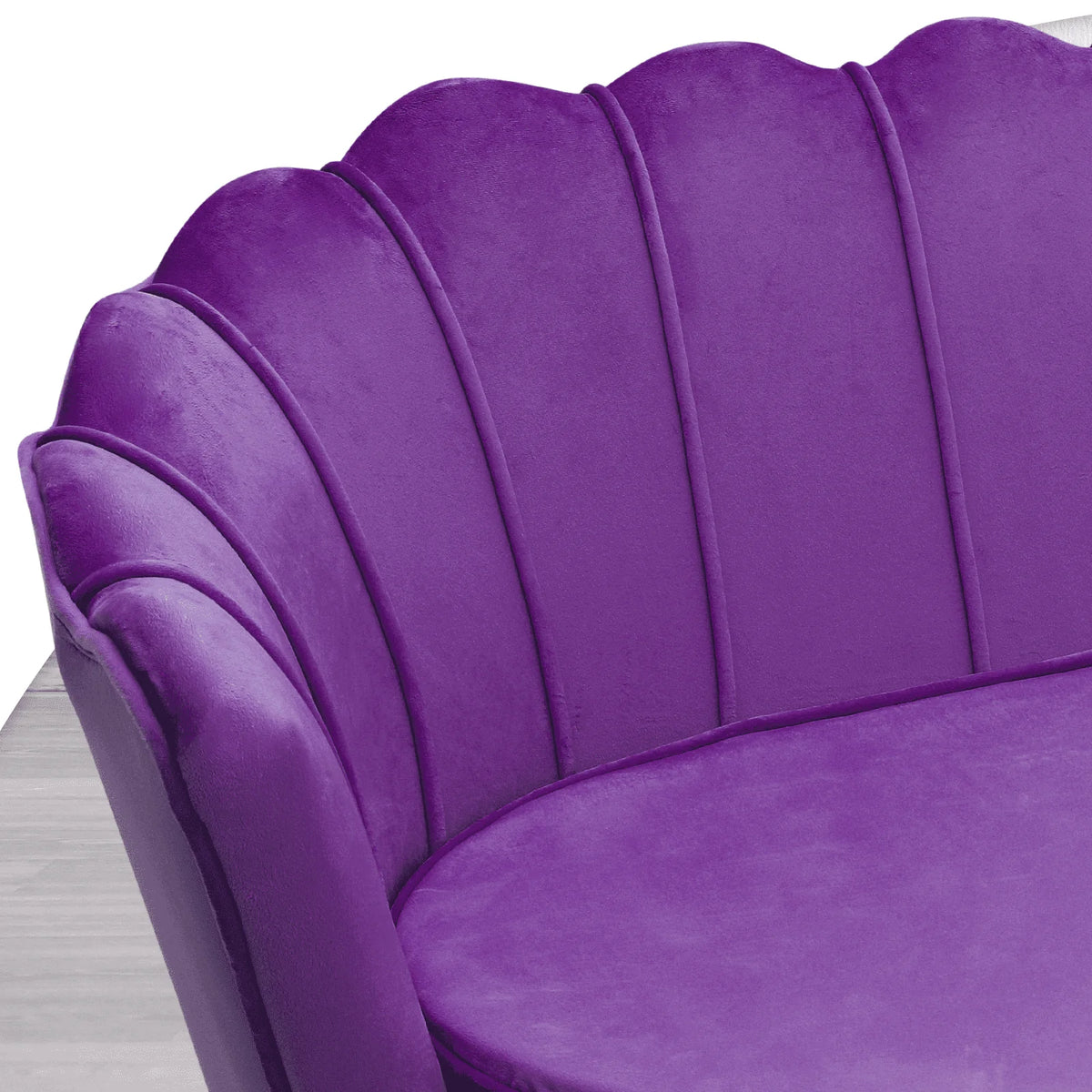 Canapé 2 places contemporain MoNiBloom en velours avec pieds en métal finition dorée, avec deux coussins pour salon, chambre, bureau à domicile, violet