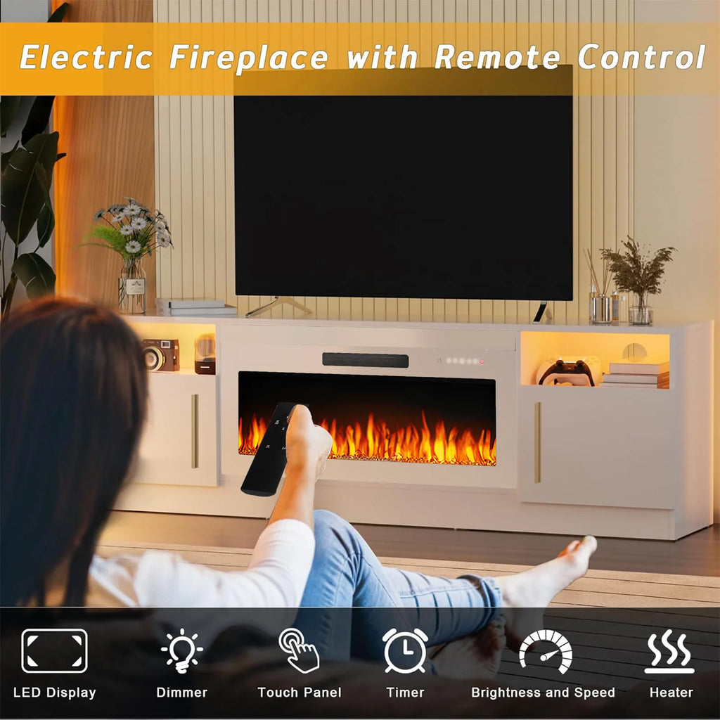 Meuble TV avec cheminée Waleaf avec cheminée électrique de 36 pouces pour téléviseurs jusqu’à 80 pouces, console multimédia moderne en bois avec meuble éclairé, blanc