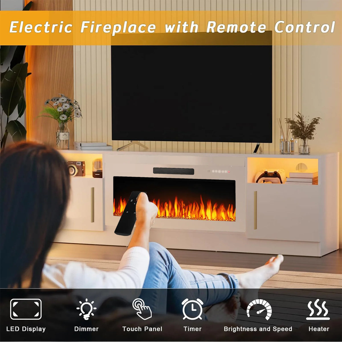 Meuble TV avec cheminée Waleaf avec cheminée électrique de 36 pouces pour téléviseurs jusqu’à 80 pouces, console multimédia moderne en bois avec meuble éclairé, blanc