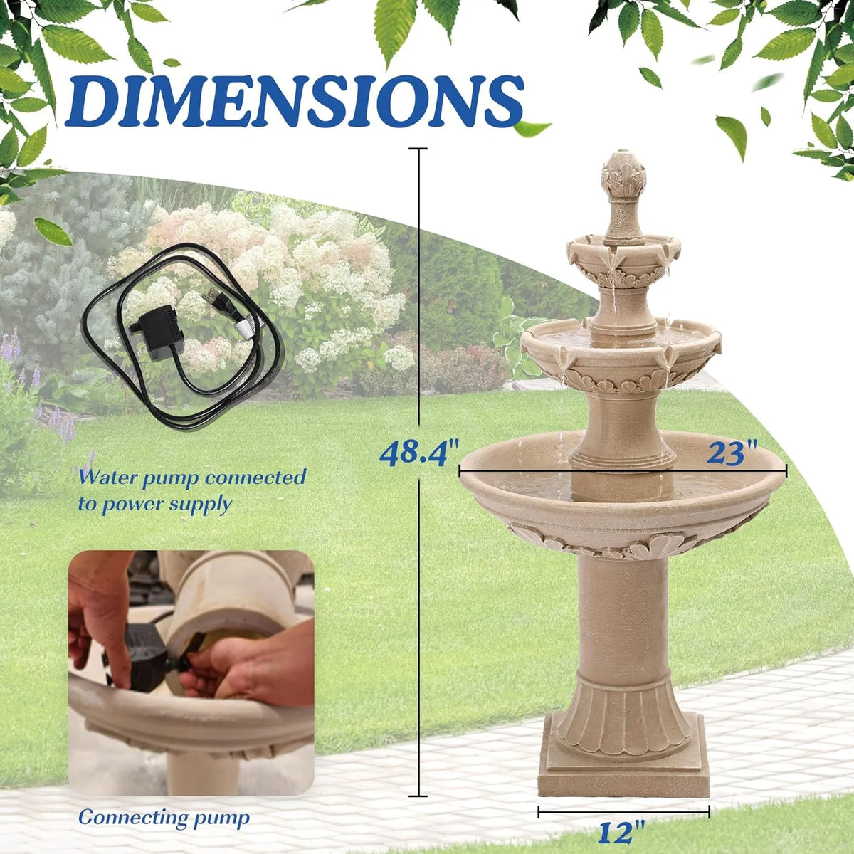 MAGIC UNION Fontaine d’eau de jardin d’extérieur, fontaines et cascades italiennes de 48,4 po de haut, grande fontaine d’intérieur à trois niveaux avec cascade et bulleur, avec pompe, pour la décoration de la maison et de la cour
